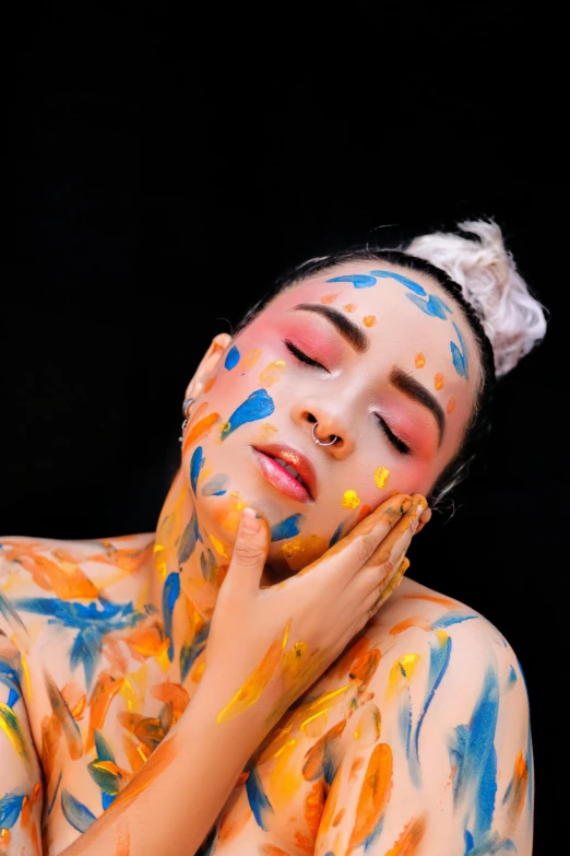 a woman with paint all over her body, a photorealistic painting, inspired by Bert Stern, trending on pexels, oriental face, promo image, beauty expressive pose, trending photo