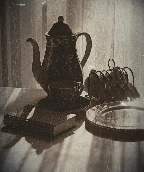 a tea pot sitting on top of a table next to a plate, by Abram Arkhipov, dusty old ferrotype, contre jour, various posed, brown