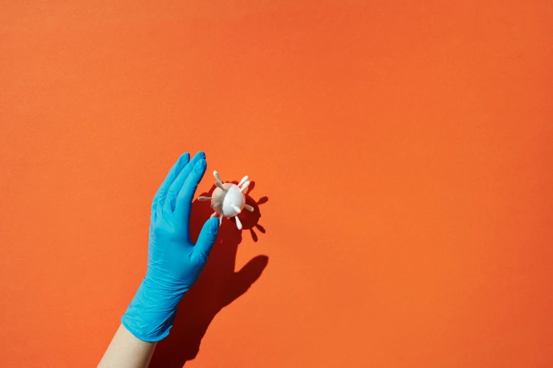 a person in blue gloves holding a white object, by Eglon van der Neer, pexels contest winner, plasticien, orange backgorund, virus, contracept, surgeon