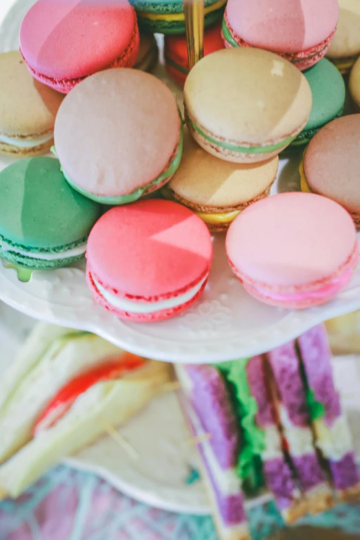 a white plate topped with lots of colorful macarons, inspired by Rudolf von Alt, unsplash, renaissance, color”, pink and green, picnic, medium close up