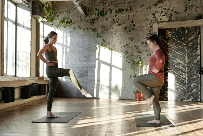 a couple of women standing on top of yoga mats, by Emma Andijewska, arabesque, with backdrop of natural light, thumbnail, low quality photo, high quality upload