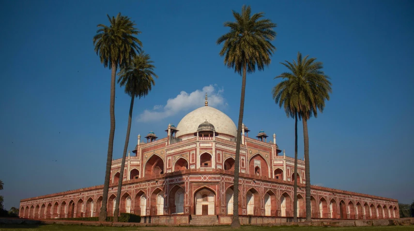 a red and white building surrounded by palm trees, pexels contest winner, baroque, ancient india, tombs, beautiful futuristic new delhi, dome