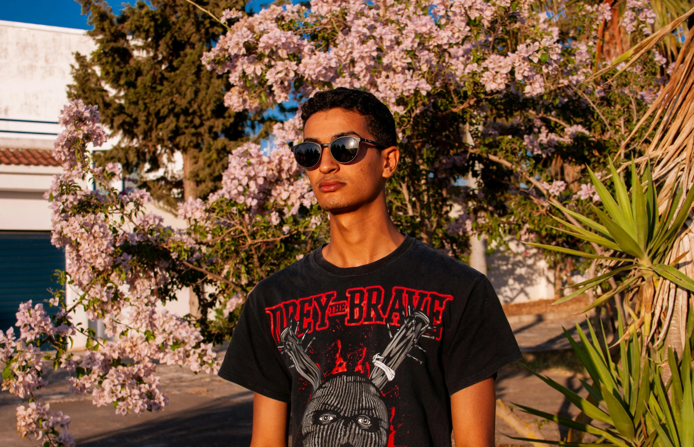 a man standing in front of a flowering tree, an album cover, pexels contest winner, wearing punk clothing, mohamed chahin, wear ray - ban glass, imaan hammam