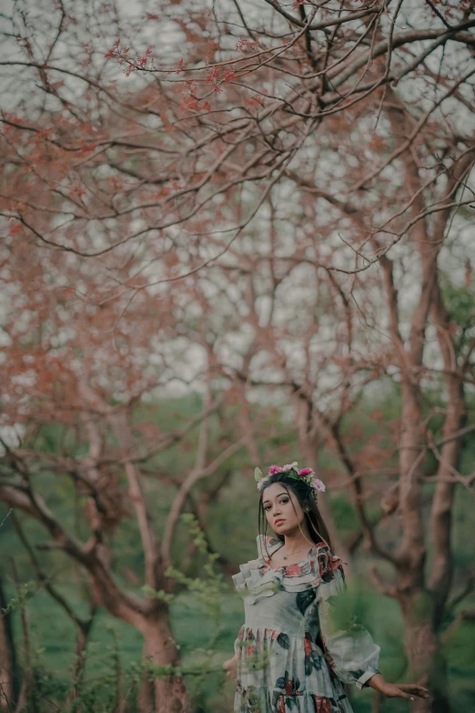 a woman standing in the middle of a forest, inspired by Elsa Bleda, pexels contest winner, romanticism, ao dai, wearing a floral crown, medium format, wedding