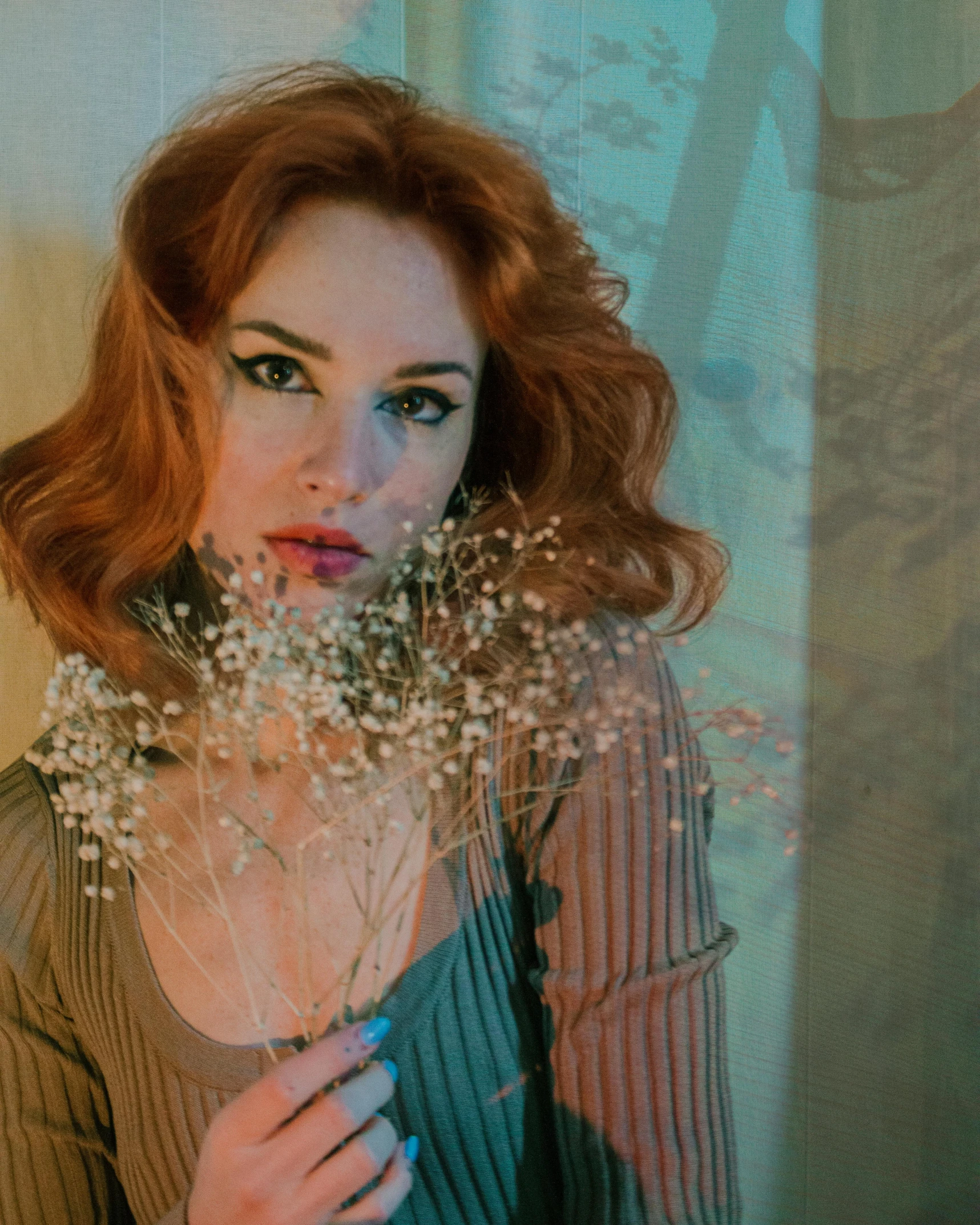 a woman holding a bunch of flowers in front of her face, a photorealistic painting, inspired by Elsa Bleda, trending on pexels, photorealism, redhead woman, vintage polaroid photo, looks like ebru şahin, sultry