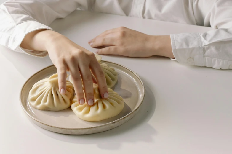 a person sitting at a table with a plate of food, steamed buns, hands pressed together in bow, modelling clay, easy to use