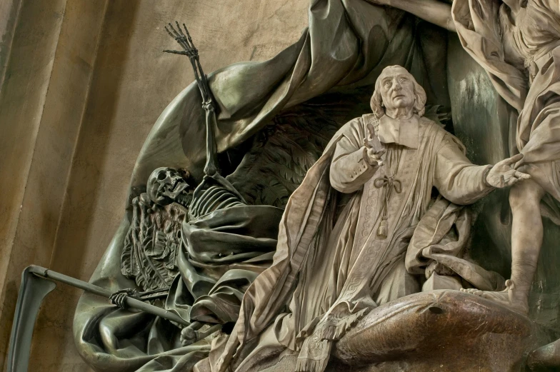 a close up of a statue on a building, a statue, by Gian Lorenzo Bernini, shutterstock, gothic art, inside a crypt, skeletons rising from the dead, part of the screen, thumbnail