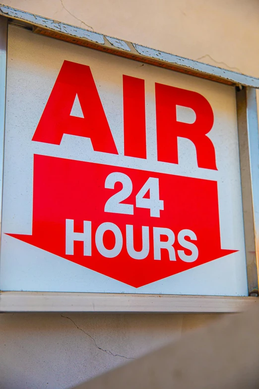 an air 24 hours sign on the side of a building, by Jim Murray, at checkout, ultra high settings, bay area, promo image