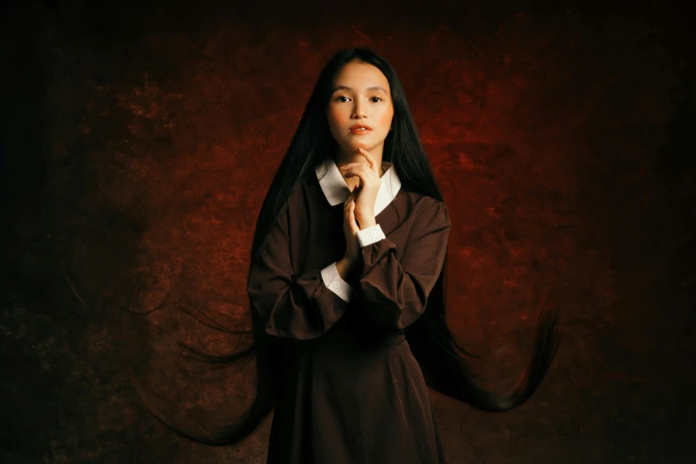 a woman with long black hair posing for a picture, an album cover, inspired by Kim Tschang Yeul, pexels contest winner, brown robes, portrait of a young teenage girl, 15081959 21121991 01012000 4k, nun fashion model