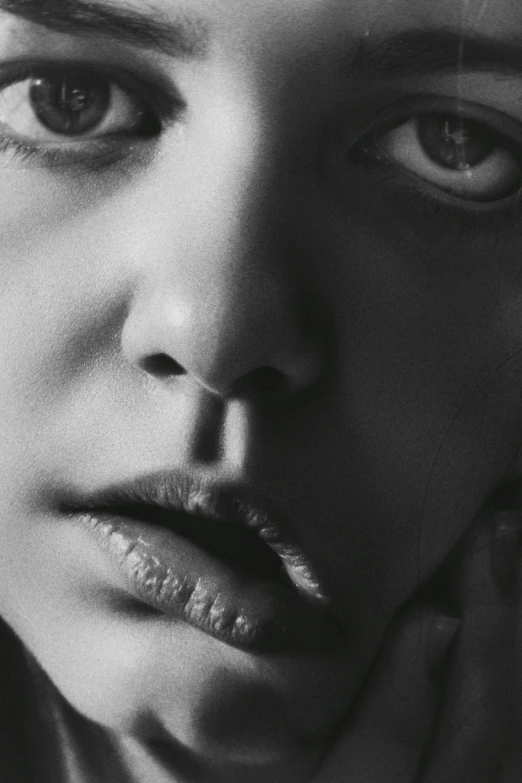 a black and white photo of a woman's face, hyperrealistic image, neck zoomed in from lips down, charli xcx, hyperrealistic