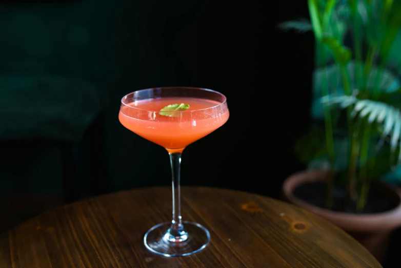 a cocktail sitting on top of a wooden table, by Ndoc Martini, unsplash, pink, ivy's, profile image, red dish