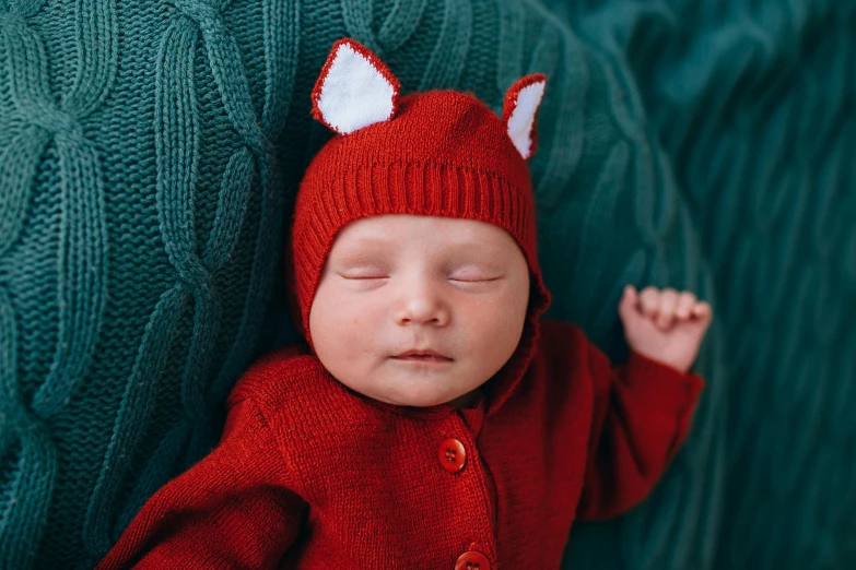 a close up of a baby wearing a red hat, inspired by Anne Geddes, trending on pexels, stylised fox - like appearance, asleep, wearing red jacket, knitted hat