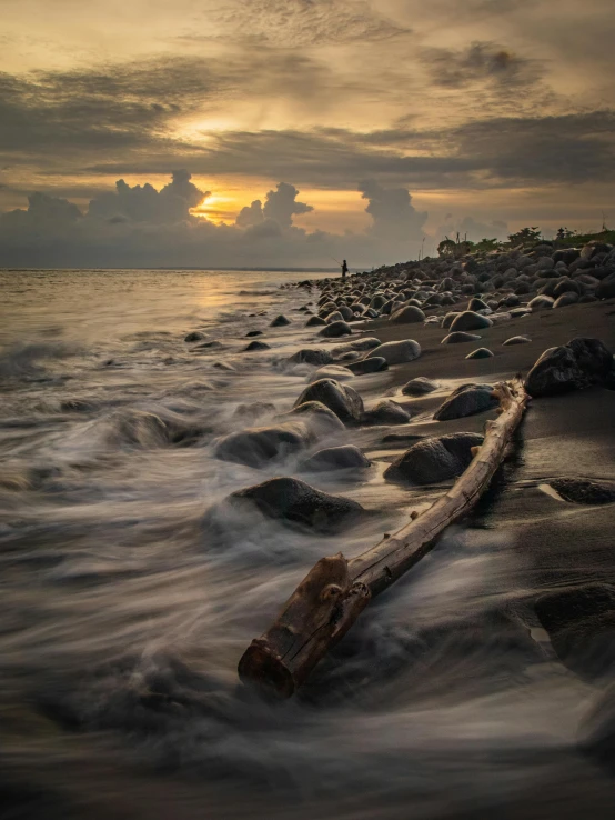 a log laying on top of a beach next to the ocean, by Andries Stock, pexels contest winner, indonesia national geographic, last light, rivulets, today\'s featured photograph 4k