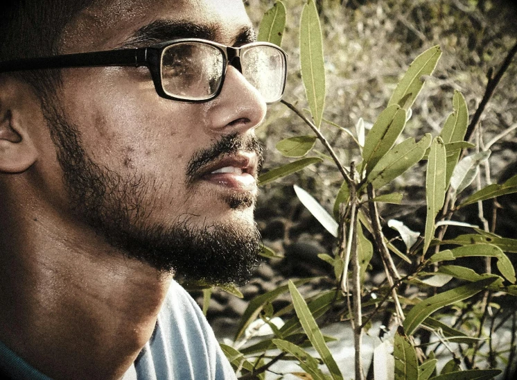 a close up of a person wearing glasses, a picture, inspired by Ahmed Yacoubi, pexels contest winner, in the jungle, profile image, bushes in the background, an olive skinned
