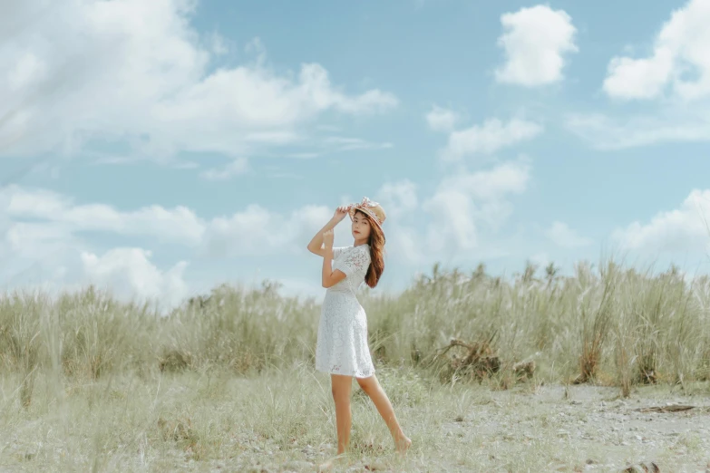 a woman in a white dress standing in a field, pexels contest winner, happening, girl on the beach, white background : 3, background image, full body cute young lady