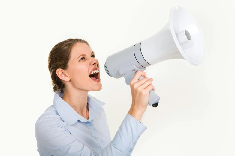 a woman screaming with a megaphone in her hand, pixabay, hurufiyya, professional profile photo, plain background, profile image, no - text no - logo