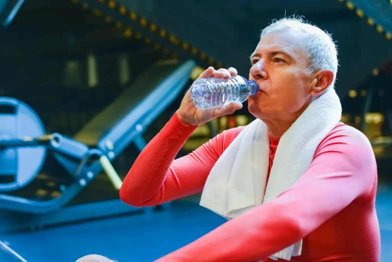 a woman sitting on a bench drinking a bottle of water, a portrait, by Joe Bowler, shutterstock, local gym, older male, heart rate, gofl course and swimming