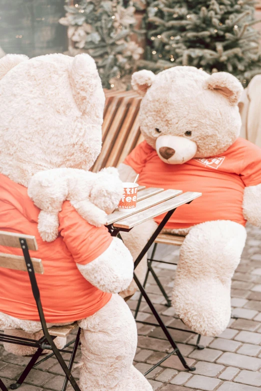 a couple of teddy bears sitting at a table, wearing an orange t shirt, cafe tables, 🎀 🍓 🧚, hannover