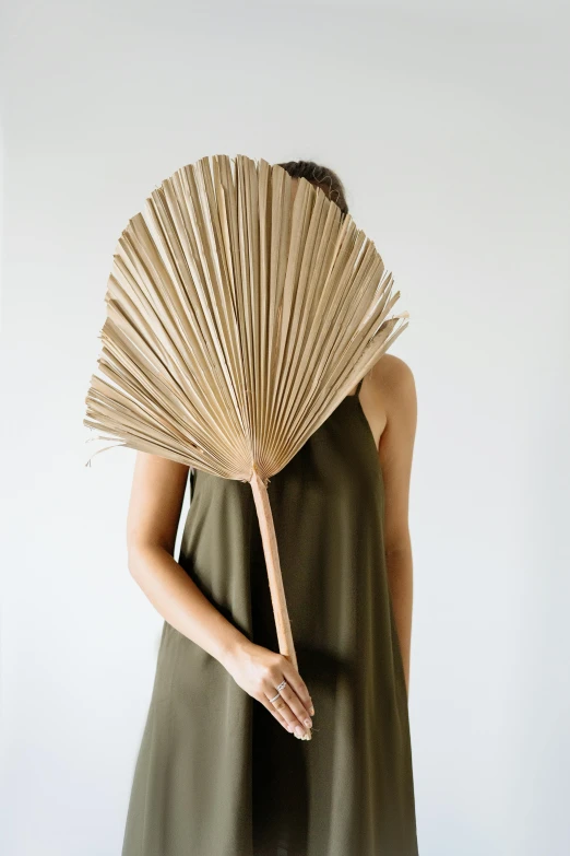 a woman holding a fan in front of her face, by Ellen Gallagher, conceptual art, bamboo, plant armour, beige, designer product