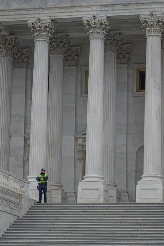 a police officer standing on the steps of a building, a picture, by Kristin Nelson, neoclassicism, capitol building, afp, white sweeping arches, nancy pelosi