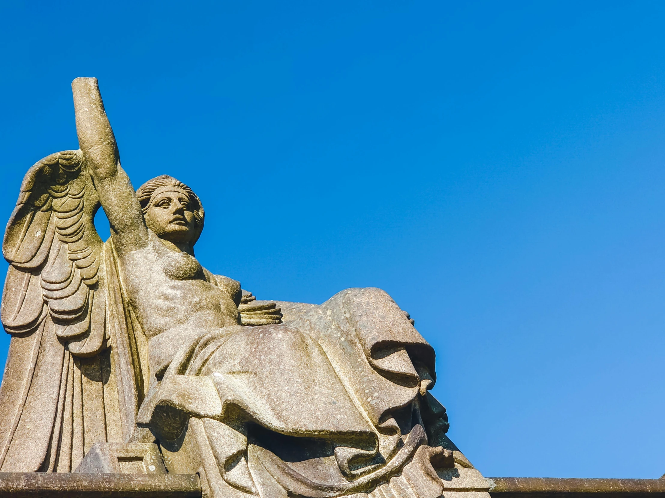 a statue of an angel holding a cross, a statue, by Niko Henrichon, unsplash, neoclassicism, clear blue skies, sitting on a stone throne, avatar image, queen victoria