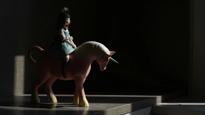 a little girl riding on the back of a toy horse, inspired by Mark Ryden, trending on polycount, magic realism, taken with sony alpha 9, mulan, unicorn, on a stage