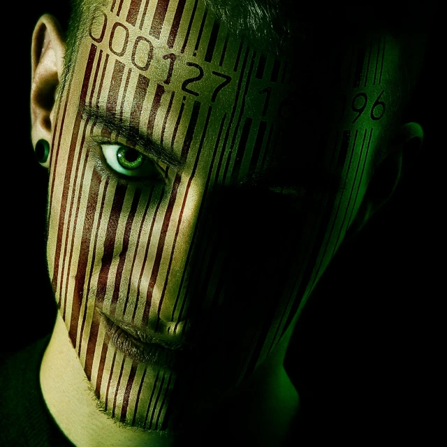a close up of a person with a face painted, a digital rendering, inspired by Igor Morski, deviantart, holography, green matrix code, jesse pinkman, album cover, cyber noir