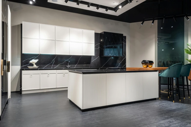 a kitchen with white cabinets and black counter tops, inspired by Patrick Pietropoli, unsplash, bauhaus, dezeen showroom, a pair of ribbed, photo for a store, 3d models