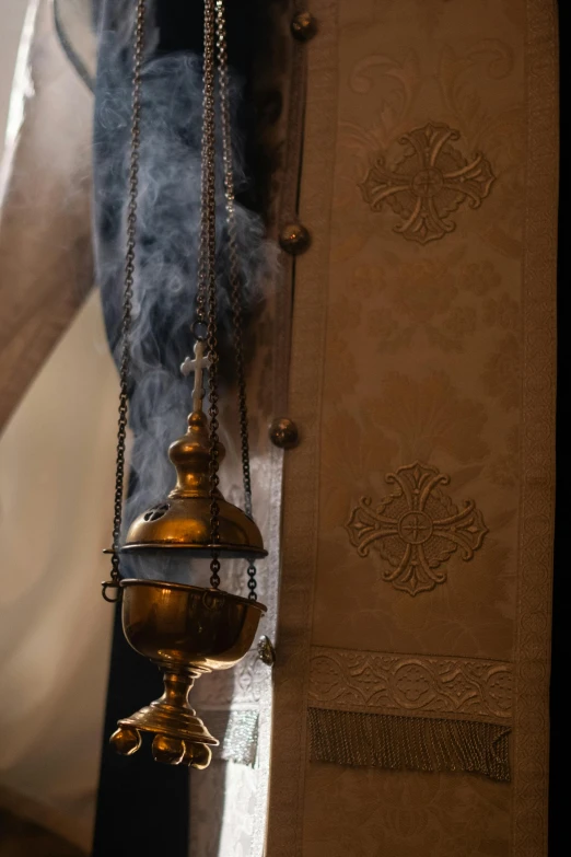 a close up of a metal object with smoke coming out of it, baroque, orthodox icon neo-gothic, vessels, tall, incense