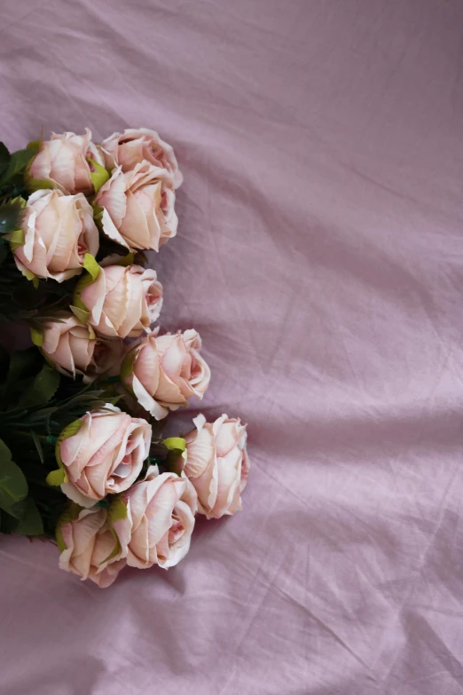 a bunch of pink roses sitting on top of a bed, a still life, unsplash, romanticism, mauve background, slide show, linen, slightly tanned