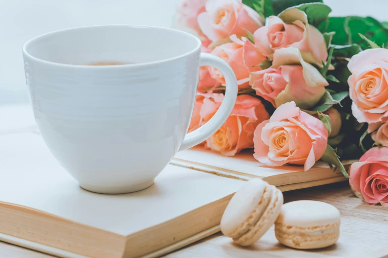 a cup of coffee and macaroons on a table, by Sylvia Wishart, pexels contest winner, romanticism, crown of mechanical peach roses, books and flowers, white mug, thumbnail