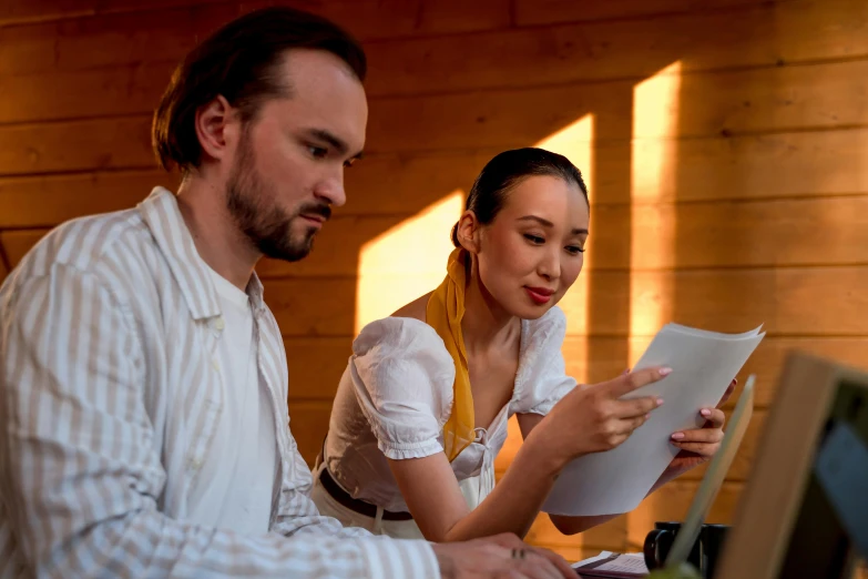 a man and a woman sitting in front of a laptop computer, pexels contest winner, renaissance, russian and japanese mix, avatar image, rustic, document photo