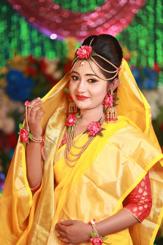 a woman in a yellow sari posing for the camera, assamese aesthetic, avatar image, wearing jewelry, high quality upload