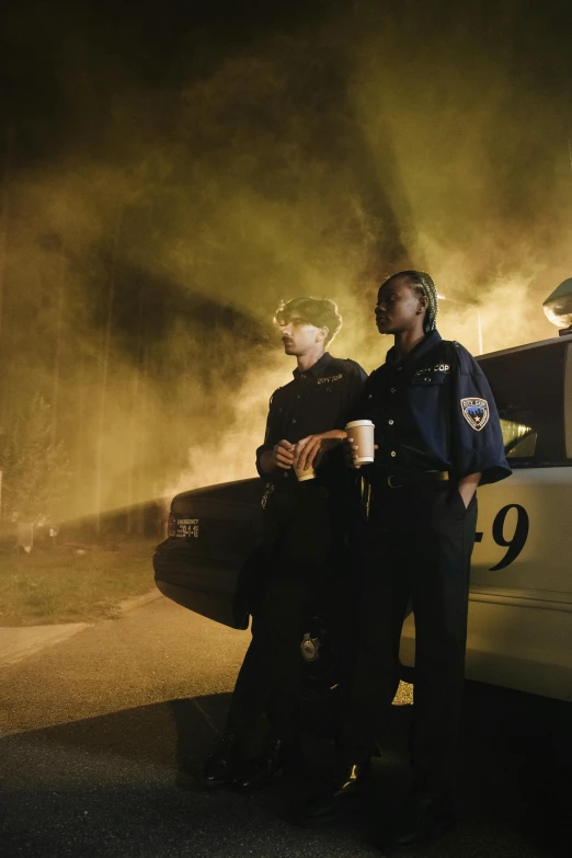 two police officers standing next to a police car, by Steve Brodner, photorealism, toxic glowing smog in the sky, bill henson, ap news photograph, hollywood promotional image