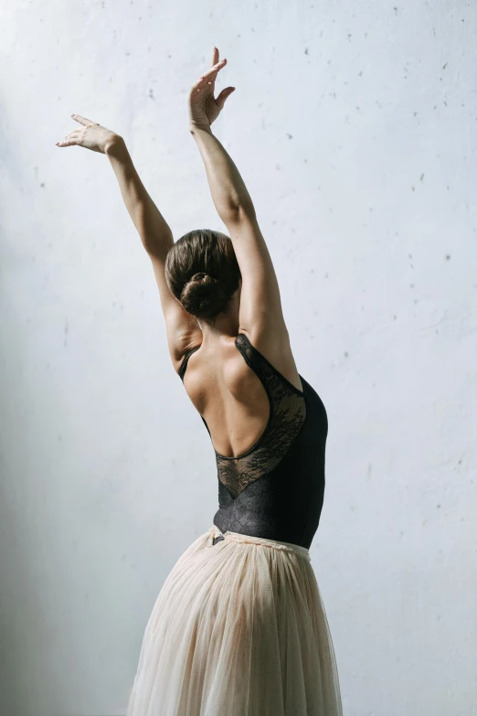 a woman in a black leo leo leo leo leo leo leo leo leo leo leo leo leo, by Elizabeth Polunin, trending on unsplash, arabesque, showing her shoulder from back, tulle and lace, textured, elevation