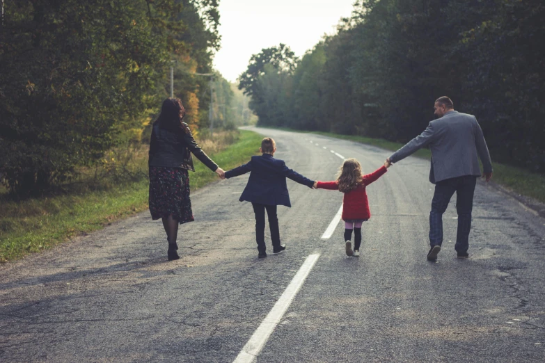 a family walking down a road holding hands, by Jaakko Mattila, pexels, renaissance, 15081959 21121991 01012000 4k, modeled, roadside, oscar winning