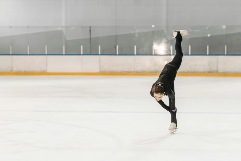 a person doing a handstand on an ice rink, arabesque, mandy jurgens 8 k 1 5 0 mpx, medium level shot, wearing a track suit, f1.7