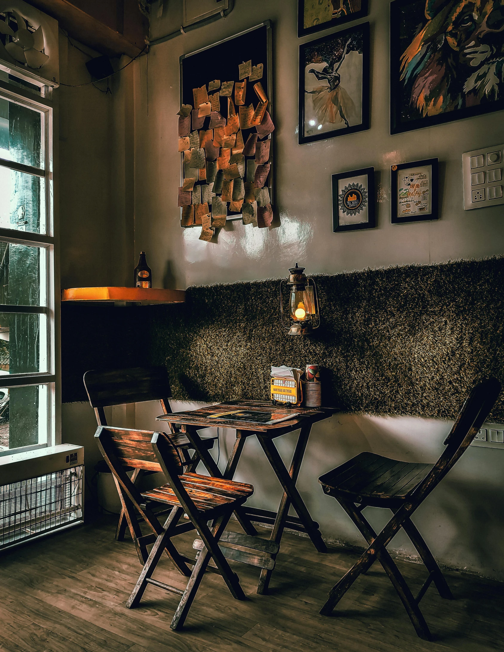 a table and chairs in front of a window, a portrait, by Robbie Trevino, pexels contest winner, art nouveau, cafe lighting, terrarium lounge area, great textures and lighting, actual photo
