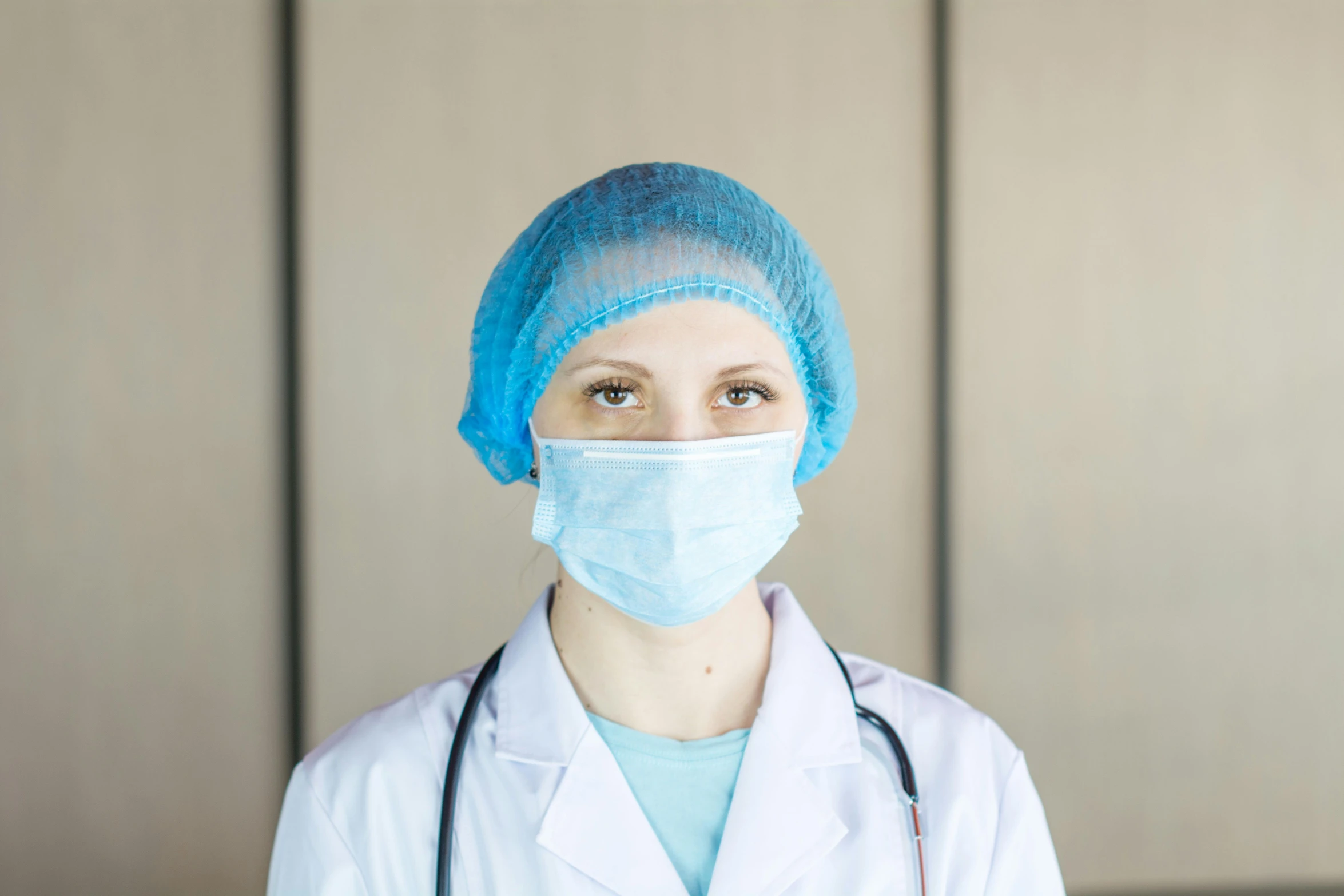 a close up of a person wearing a surgical mask, a picture, by Julia Pishtar, shutterstock, nurse costume, she is wearing a hat, avatar image, the doctor