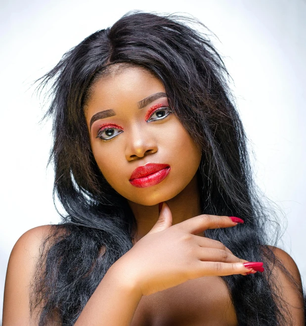 a woman with long black hair posing for a picture, an album cover, by Chinwe Chukwuogo-Roy, pexels, tachisme, thick red lips, 1 6 years old, actress, feature