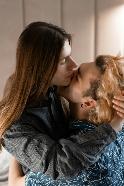 a man and a woman kissing on a bed, inspired by Elsa Bleda, trending on pexels, renaissance, lesbian, joe keery, rectangle, hugs