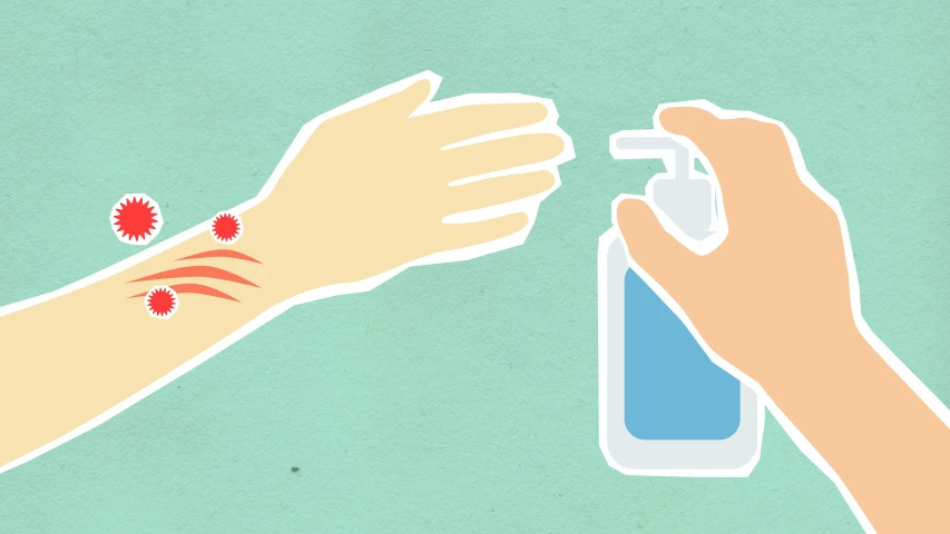 a pair of hands holding a bottle of hand sanitizer, an illustration of, by Gavin Hamilton, shutterstock, more and more scars, waving arms, wikihow, spraying blood