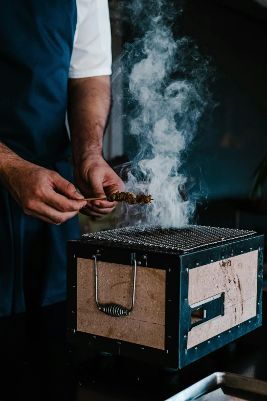 a person standing in front of a box with smoke coming out of it, pexels contest winner, renaissance, grill, tanjiro kamado, instagram story, thumbnail