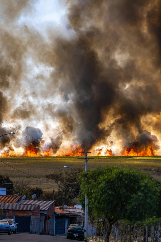 a large field filled with lots of black smoke, by Emanuel Witz, shutterstock, houses on fire, corn, malika favre, avatar image