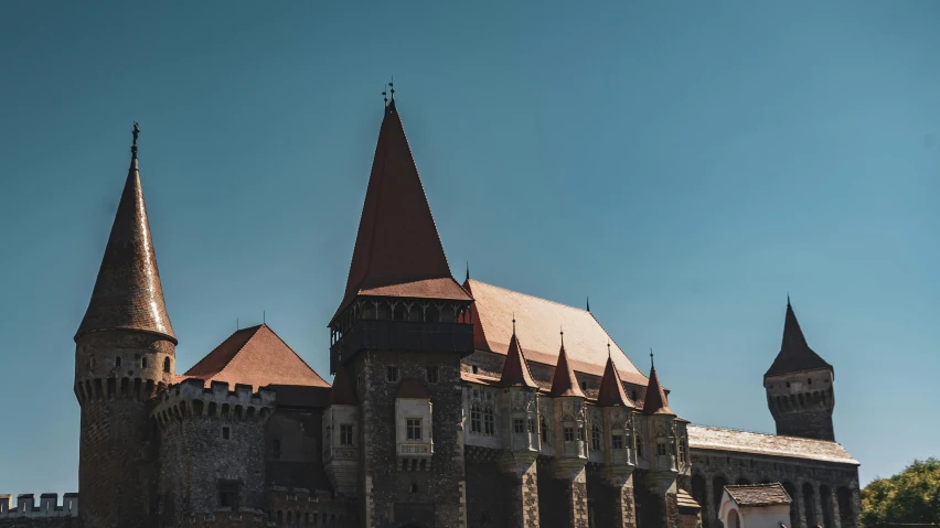 a large castle sitting on top of a lush green field, romanian heritage, neo - gothic architecture, red building, exterior photo