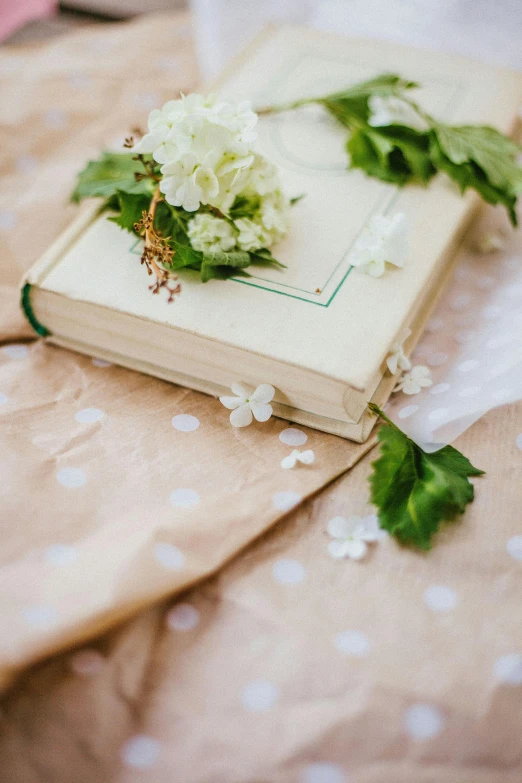 a book sitting on top of a bed covered in flowers, inspired by Cassandra Austen, unsplash, tablecloth, romantic greenery, wedding, walking down