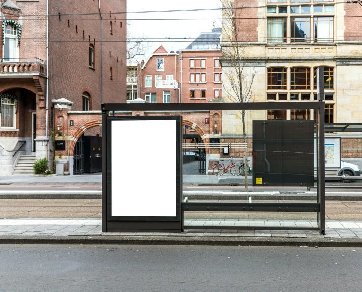 an empty bus stop on a city street, a poster, by Andries Stock, temporary art, billboard image, square, utrecht, no - text no - logo