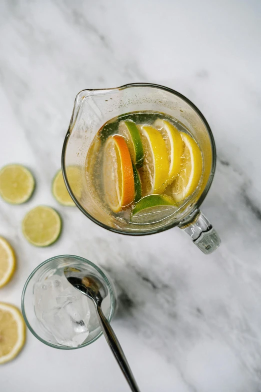 a pitcher filled with lemons and lime slices, trending on pexels, epicurious, slush, grey, full-body