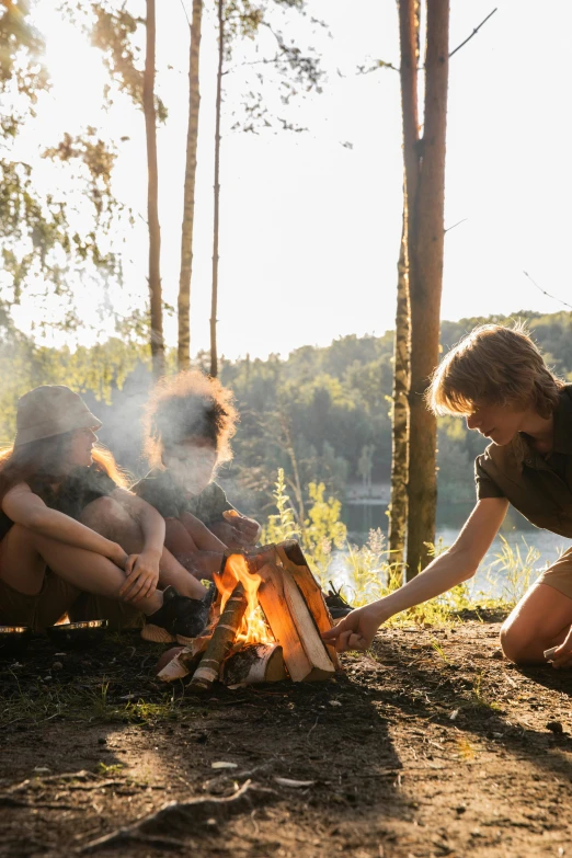 a group of people sitting around a campfire, sitting on a log, in nature, julia hetta, sunny day time