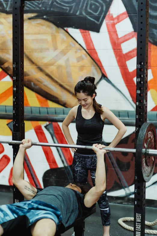 a man and a woman doing squats in a gym, pexels contest winner, process art, half asian, bench, melbourne, 🦩🪐🐞👩🏻🦳